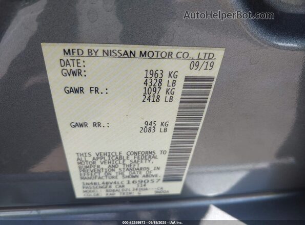 1N4BL4BV4LC169057 2020 NISSAN ALTIMA Gray Вид підкапотного простору
