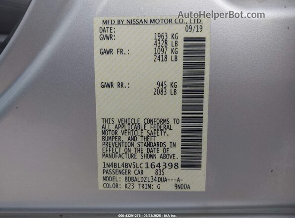 1N4BL4BV5LC164398 2020 NISSAN ALTIMA Silver Vista del compartimento del motor