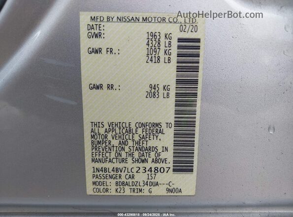 1N4BL4BV7LC234807 2020 NISSAN ALTIMA Silver Вид підкапотного простору