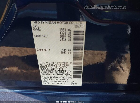 1N4BL4BV9MN420239 2021 NISSAN ALTIMA Blue Շարժիչի բաժամունքի տեսք