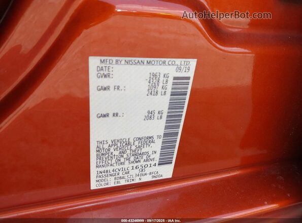 1N4BL4CV1LC165014 2020 NISSAN ALTIMA Orange ძრავის განყოფილების ხედი