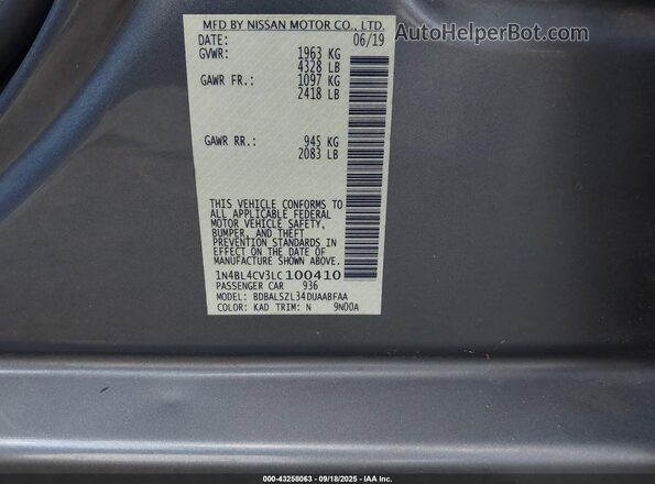1N4BL4CV3LC100410 2020 NISSAN ALTIMA Gray Вид підкапотного простору