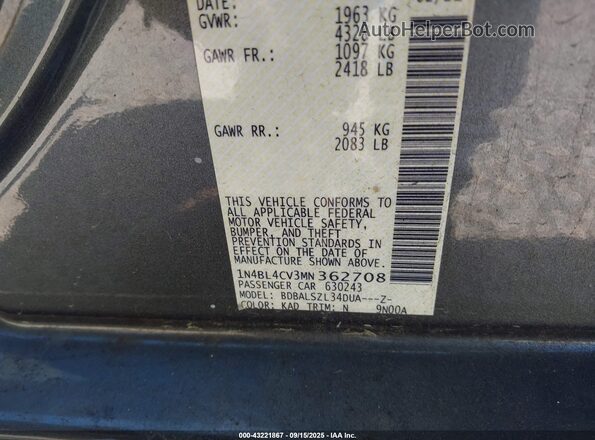 1N4BL4CV3MN362708 2021 NISSAN ALTIMA Gray Вид підкапотного простору