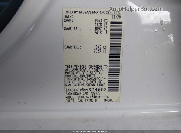 1N4BL4CV6MN324602 2021 NISSAN ALTIMA White Vista del compartimento del motor