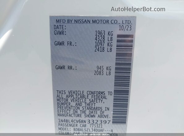 1N4BL4CV6RN332397 2024 NISSAN ALTIMA White Շարժիչի բաժամունքի տեսք
