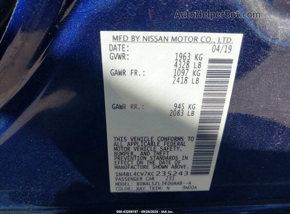 1N4BL4CV7KC235243 2019 NISSAN ALTIMA Blue 