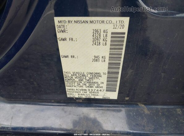1N4BL4CV8MN337447 2021 NISSAN ALTIMA Blue Vista del compartimento del motor