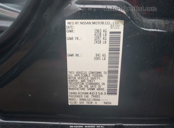 1N4BL4CVXNN403563 2022 NISSAN ALTIMA Black Widok komory silnika