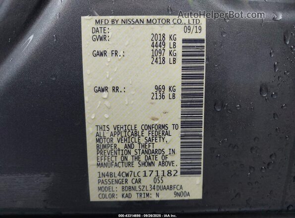 1N4BL4CW7LC171182 2020 NISSAN ALTIMA Gray ძრავის განყოფილების ხედი