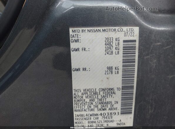 1N4BL4CW8NN403893 2022 NISSAN ALTIMA Gray Շարժիչի բաժամունքի տեսք