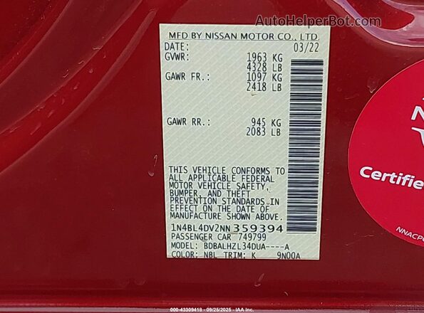 1N4BL4DV2NN359394 2022 NISSAN ALTIMA Red Engine compartment view