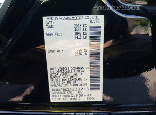 1N4BL4EW2LC229213 2020 NISSAN ALTIMA Черный Вид подкапотного пространства