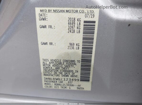 1N4BL4FW0LC123499 2020 NISSAN ALTIMA Silver Vista del compartimento del motor