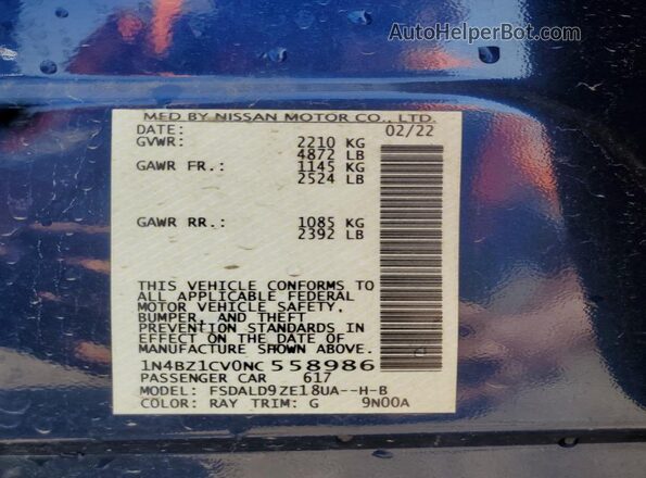 1N4BZ1CV0NC558986 2022 NISSAN LEAF Blue 