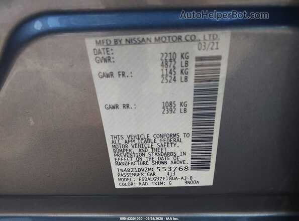 1N4BZ1DV2MC553768 2021 NISSAN LEAF Gray Вид наклейки з VIN-кодом