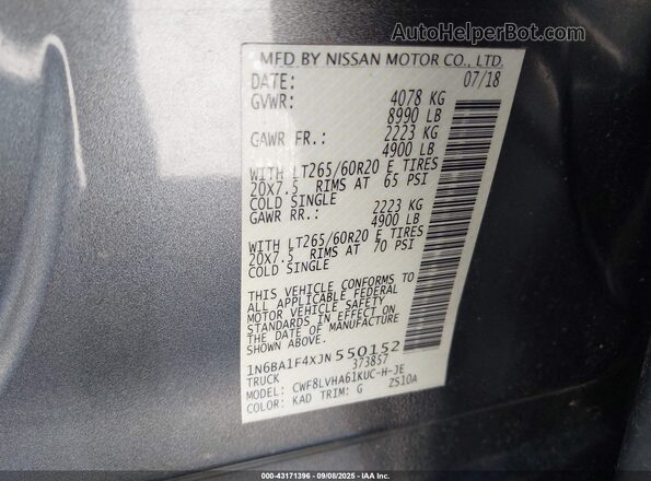 1N6BA1F4XJN550152 2018 NISSAN TITAN XD Gray Շարժիչի բաժամունքի տեսք