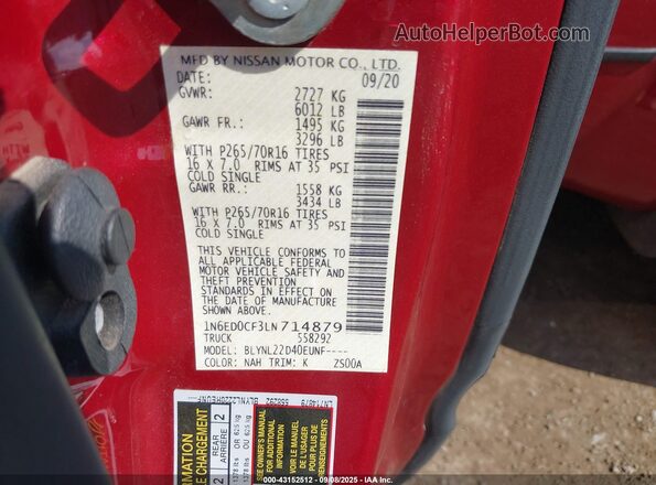 1N6ED0CF3LN714879 2020 NISSAN FRONTIER Red ძრავის განყოფილების ხედი