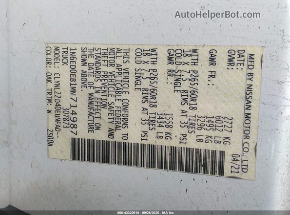1N6ED0EB1MN714987 2021 NISSAN FRONTIER White Engine compartment view