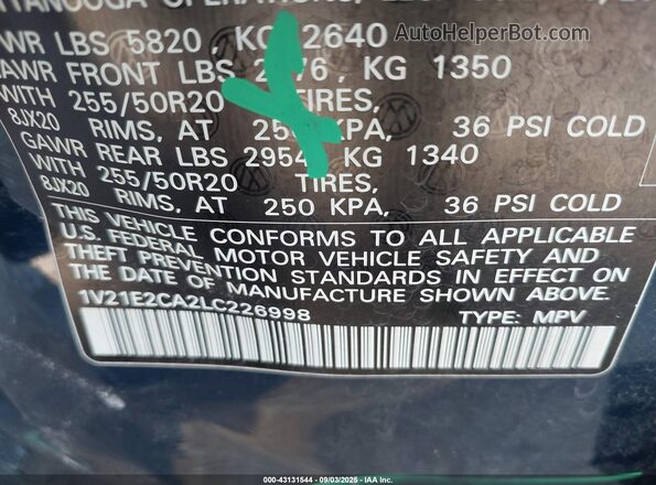 1V21E2CA2LC226998 2020 VOLKSWAGEN ATLAS Blue ძრავის განყოფილების ხედი