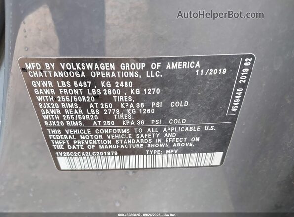 1V25C2CA2LC201879 2020 VOLKSWAGEN ATLAS Gray Շարժիչի բաժամունքի տեսք