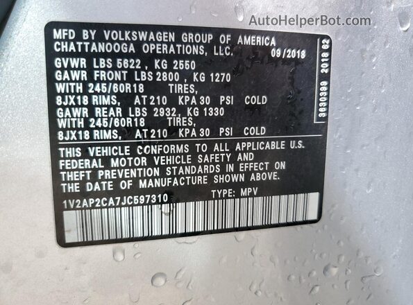 1V2AP2CA7JC597310 2018 VOLKSWAGEN ATLAS Silver 