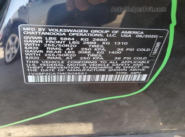 1V2BP2CA7MC509591 2021 VOLKSWAGEN ATLAS Black Widok naklejki z numerem VIN