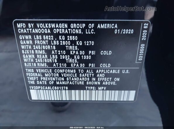 1V2DP2CA8LC501278 2020 VOLKSWAGEN ATLAS Black Engine compartment view