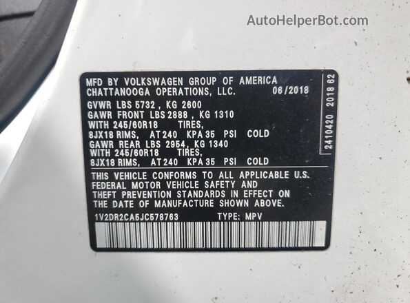 1V2DR2CA5JC578763 2018 VOLKSWAGEN ATLAS White 