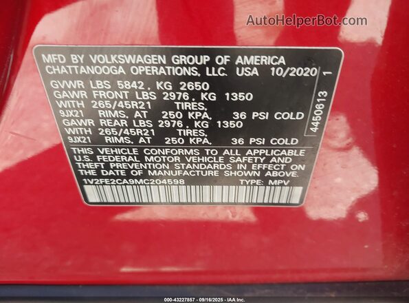 1V2FE2CA9MC204598 2021 VOLKSWAGEN ATLAS Red ძრავის განყოფილების ხედი