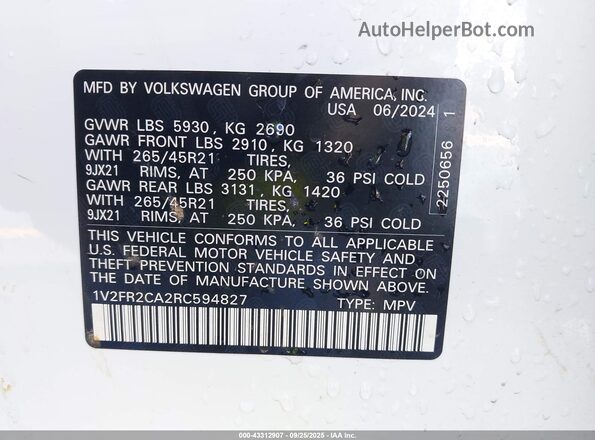 1V2FR2CA2RC594827 2024 VOLKSWAGEN ATLAS Белый Вид подкапотного пространства