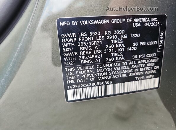 1V2FR2CA3SC556366 2025 VOLKSWAGEN ATLAS Green 360 interior view