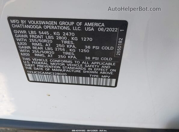 1V2JC2CA4NC228020 2022 VOLKSWAGEN ATLAS White Widok komory silnika