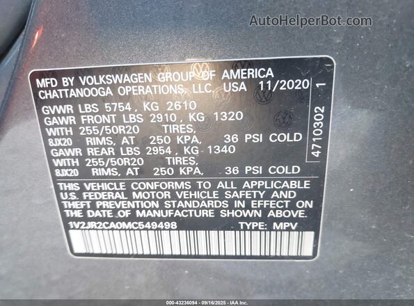 1V2JR2CA0MC549498 2021 VOLKSWAGEN ATLAS Gray Շարժիչի բաժամունքի տեսք