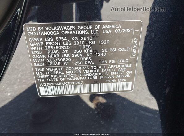1V2JR2CA5MC570797 2021 VOLKSWAGEN ATLAS Черный Вид подкапотного пространства