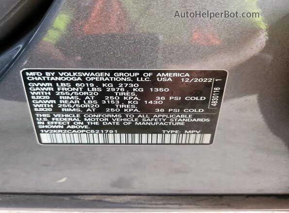 1V2KR2CA0PC521791 2023 VOLKSWAGEN ATLAS Gray Widok naklejki z numerem VIN