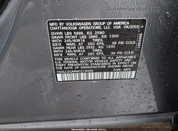 1V2LC2CA8NC218499 2022 VOLKSWAGEN ATLAS Gray Շարժիչի բաժամունքի տեսք