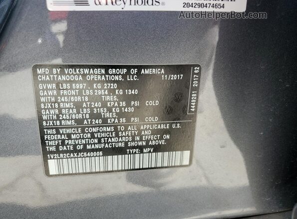 1V2LR2CAXJC540005 2018 VOLKSWAGEN ATLAS Gray 
