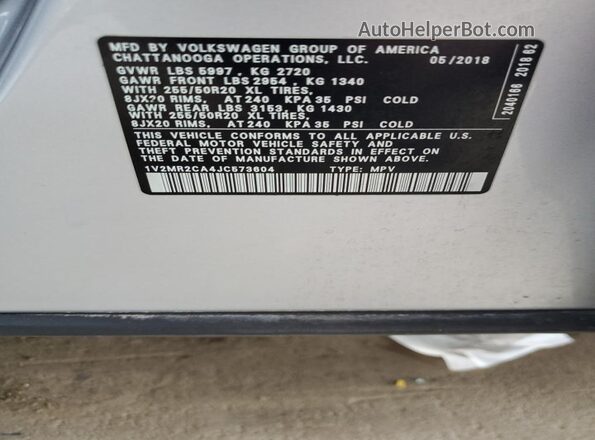 1V2MR2CA4JC573604 2018 VOLKSWAGEN ATLAS Silver 