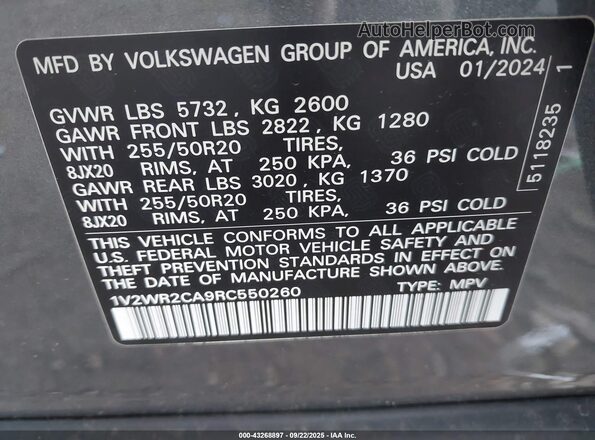 1V2WR2CA9RC550260 2024 VOLKSWAGEN ATLAS Gray Vista del compartimento del motor