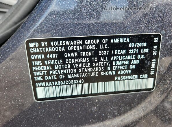 1VWAA7A30JC033340 2018 VOLKSWAGEN PASSAT Серый 