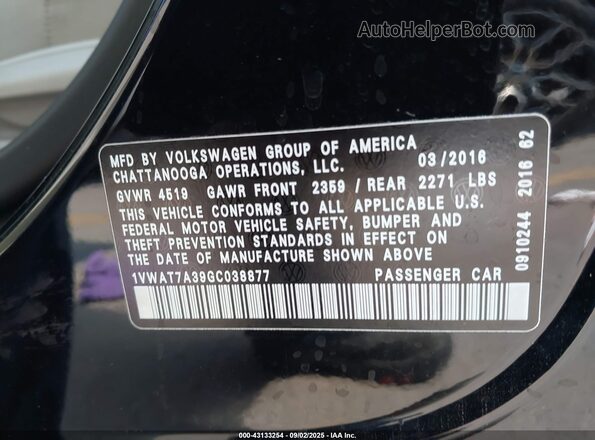 1VWAT7A39GC038877 2016 VOLKSWAGEN PASSAT Black ძრავის განყოფილების ხედი