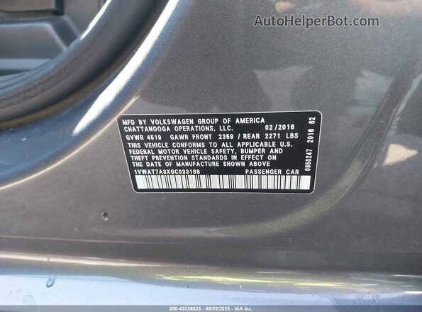 1VWAT7A3XGC033168 2016 VOLKSWAGEN PASSAT Gray Vista del compartimento del motor