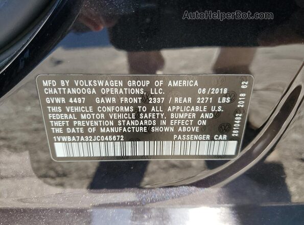 1VWBA7A32JC045672 2018 VOLKSWAGEN PASSAT Black 