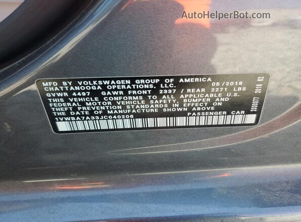 1VWBA7A33JC040206 2018 VOLKSWAGEN PASSAT Gray 