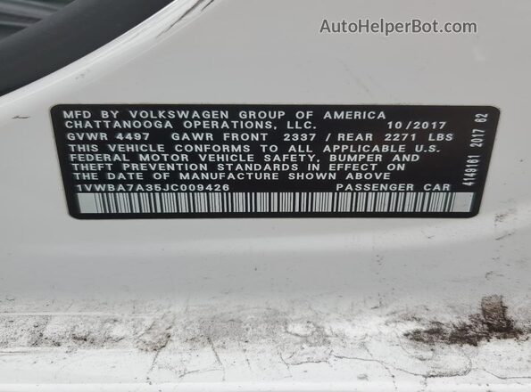 1VWBA7A35JC009426 2018 VOLKSWAGEN PASSAT Белый 