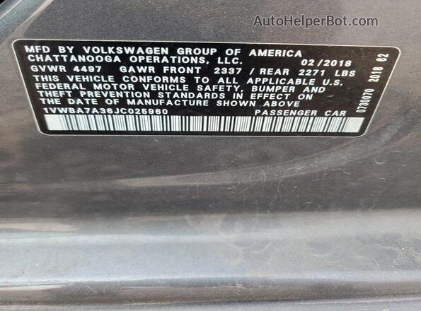 1VWBA7A36JC025960 2018 VOLKSWAGEN PASSAT Серый 