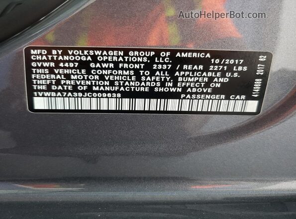 1VWBA7A39JC009638 2018 VOLKSWAGEN PASSAT Gray 