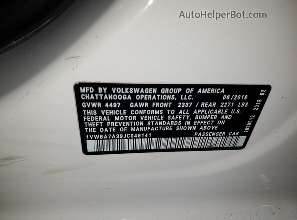 1VWBA7A39JC046141 2018 VOLKSWAGEN PASSAT Белый 