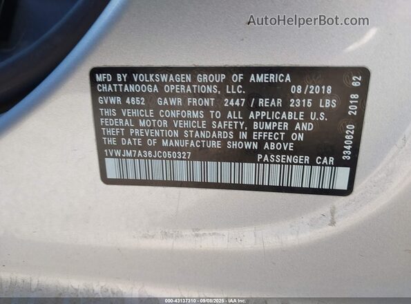 1VWJM7A36JC050327 2018 VOLKSWAGEN PASSAT Серебряный 