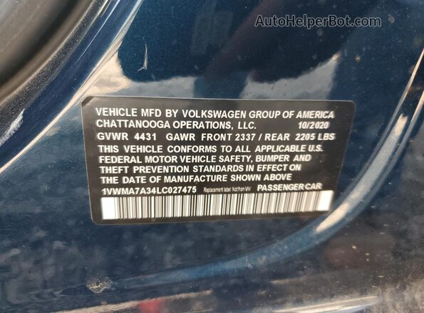 1VWMA7A34LC027475 2020 VOLKSWAGEN PASSAT Синий 